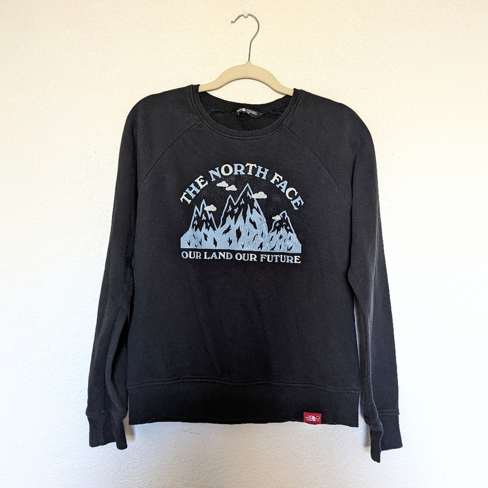 The North Face Black Crewneck Mountain Print Sweater Medium "Our land Our future